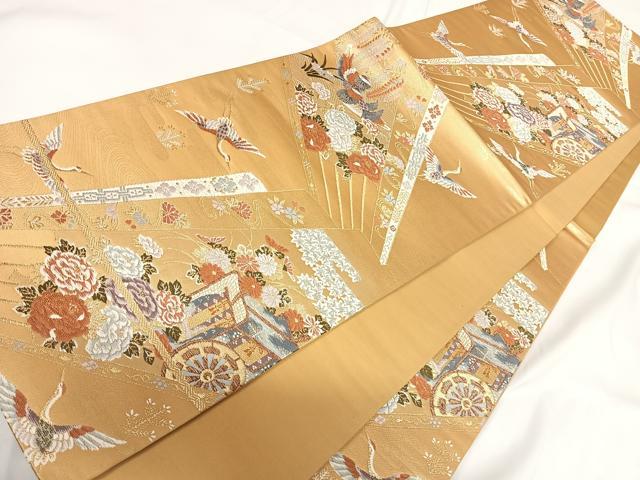 平和屋着物◎六通柄袋帯 唐織 飛鶴花文 金糸 正絹 逸品 AABF4966yx