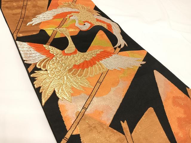 平和屋着物◎六通柄袋帯 唐織 飛鶴文 黒地 金銀糸 正絹 逸品 AABF4989yx