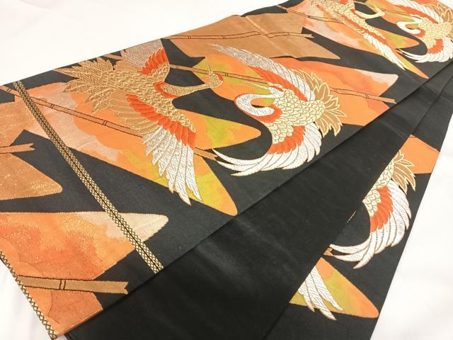 平和屋着物◎六通柄袋帯 唐織 飛鶴文 黒地 金銀糸 正絹 逸品 AABF4989yx