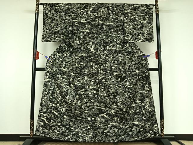 平和屋着物▽小紋 単衣 手描き 風景流水花文 黒地 洗える着物 AABF5006jh