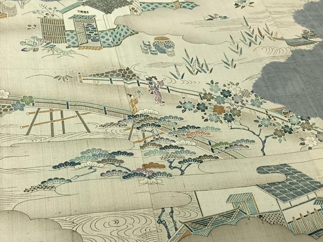 平和屋着物▽染織の名門 しょうざん 生紬 訪問着 単衣 手描き 絞り 人物風景文 金彩 正絹 逸品 AABF5010jh