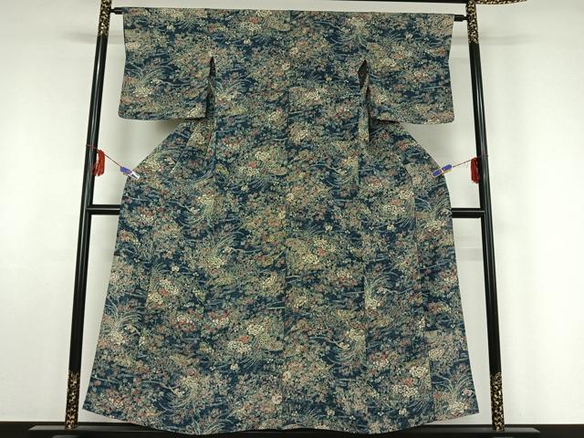 平和屋着物▽上質な小紋 単衣 型染め 流水花鳥文 正絹 逸品 AABF5019jh
