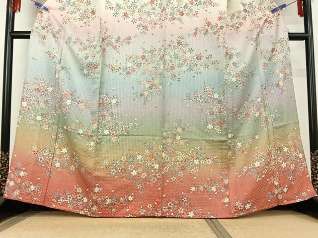 平和屋着物▽訪問着 単衣 枝花文 暈し染め 金彩 正絹 逸品 AABF5040jh