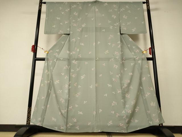 平和屋着物*夏物 小紋 絽 舞葉文 銀彩 正絹 逸品 AABF5052jd