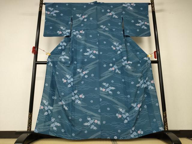 平和屋着物*夏物 小紋 絽 流水草花文 洗える着物 AABF5071jd