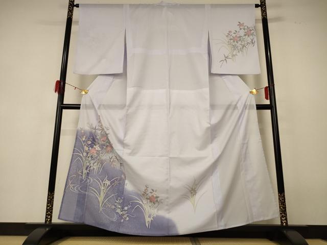 平和屋着物*夏物 訪問着 絽 流水草花文 暈し染め 銀彩 洗える着物 AABF5118jd