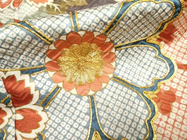 平和屋着物●豪華振袖 駒刺繍 蔓帯草花文 金彩 ロング丈 正絹 逸品 AABF5132cs