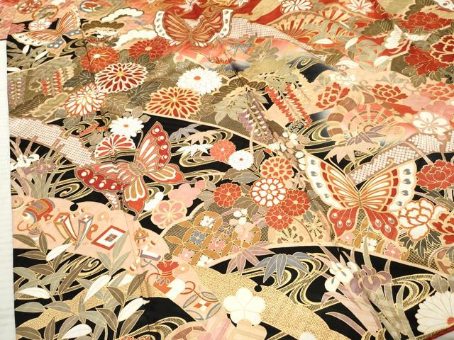 平和屋着物●豪華振袖 駒刺繍 吉祥花蝶文 暈し染め 正絹 逸品 AABF5134cs