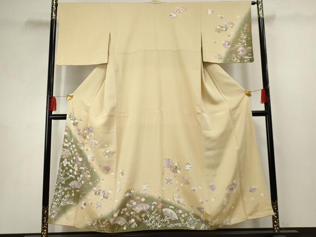 平和屋着物●訪問着 駒刺繍 雪輪地紙草花文 暈し染め 金銀彩 正絹 逸品 未使用 AABF5135cs