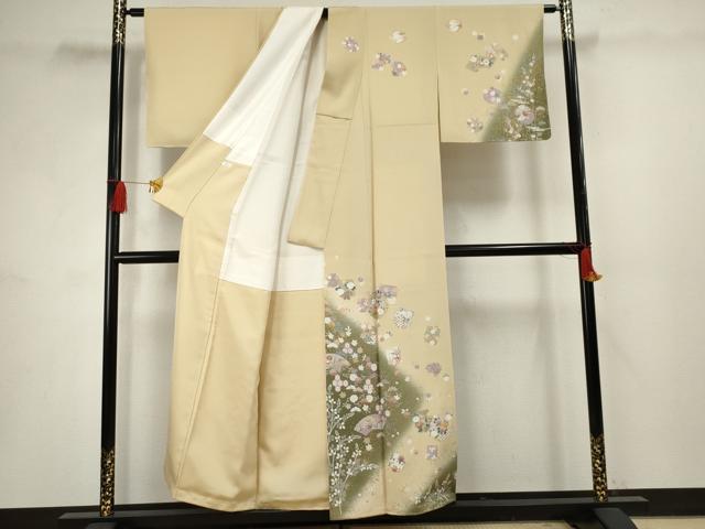 平和屋着物●訪問着 駒刺繍 雪輪地紙草花文 暈し染め 金銀彩 正絹 逸品 未使用 AABF5135cs