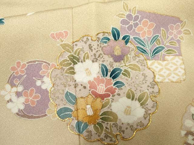 平和屋着物●訪問着 駒刺繍 雪輪地紙草花文 暈し染め 金銀彩 正絹 逸品 未使用 AABF5135cs