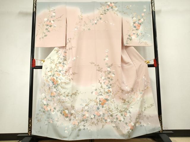 平和屋着物●十日町友禅作家 松雨 訪問着 枝花文 暈し染め 金彩 正絹 逸品 AABF5182cs