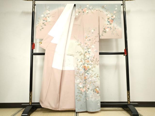 平和屋着物●十日町友禅作家 松雨 訪問着 枝花文 暈し染め 金彩 正絹 逸品 AABF5182cs