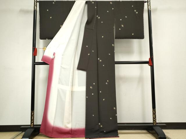 平和屋着物●上質な小紋 ほたる暈し クローバー 黒紅色地 金彩 正絹 逸品 未使用 AABF5186cs
