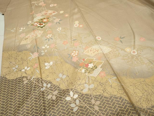 平和屋着物●訪問着 扇面草花文 暈し染め 金彩 正絹 逸品 AABF5197cs