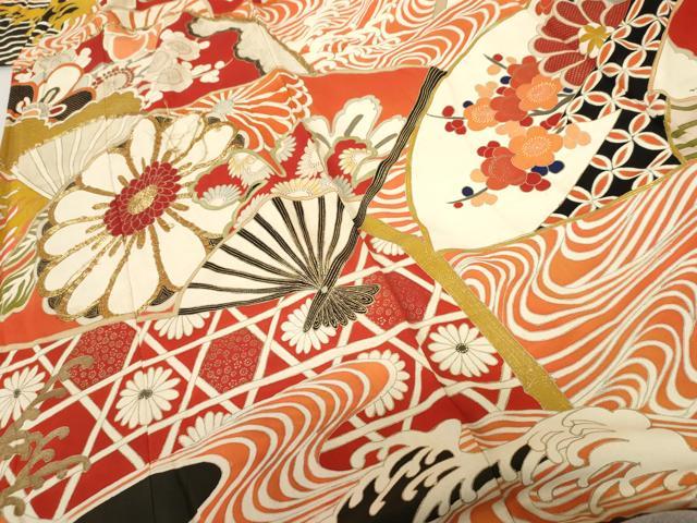 平和屋着物●アンティーク 大正ロマン 振袖 駒刺繍 扇面立波吉祥花文 黒地 金彩 ロング丈 正絹 逸品 AABF5232cs