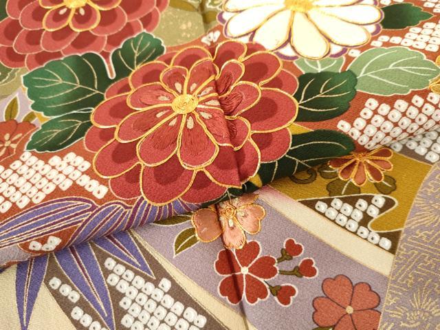 平和屋着物●豪華振袖 駒刺繍 鬘帯笹松花文 暈し染め 金彩 正絹 逸品 AABF5234cs
