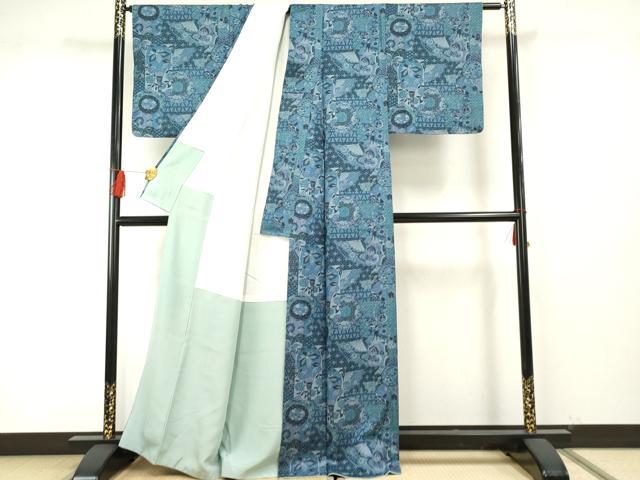 平和屋着物●上質な小紋 藍 陶器更紗花蝶文 正絹 逸品 AABF5278cs