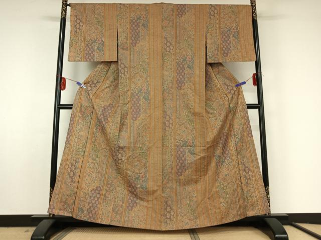 平和屋着物▽上質な紬 単衣 更紗花間道 正絹 逸品 AABF5281jh