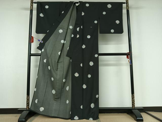 平和屋着物▽小紋 単衣 花丸文 黒地 洗える着物 AABF5287jh