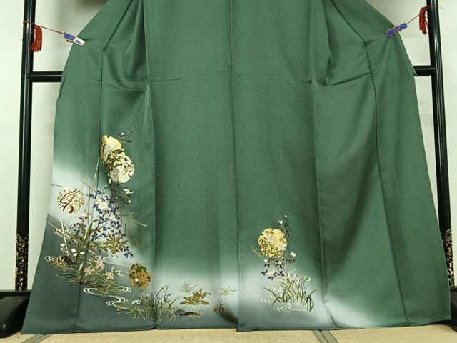 平和屋着物▽訪問着 単衣 刺繍 雪輪流水花文 暈し染め 金銀彩 正絹 逸品 AABF5298jh