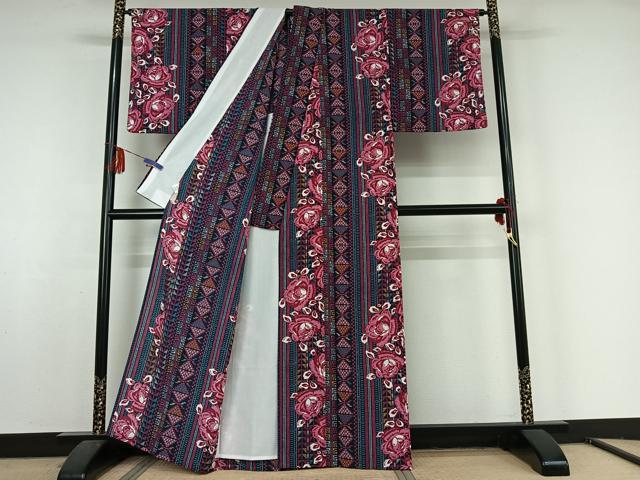 平和屋着物▽小紋 単衣 草花文 洗える着物 AABF5302jh