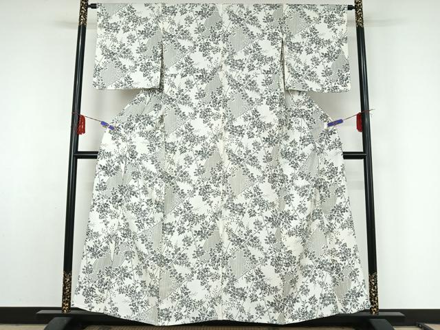 平和屋着物▽上質な小紋 単衣 枝花文 銀彩 正絹 逸品 AABF5314jh