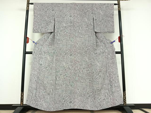 平和屋着物▽上質な小紋 単衣 更紗花鳥文 鬼しぼ縮緬 正絹 逸品 AABF5315jh