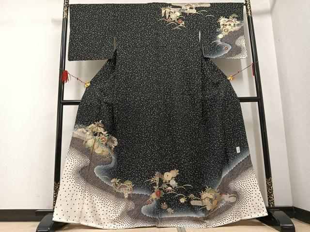平和屋着物●訪問着 作家物 草花文 暈し染め 黒地 金彩 正絹 逸品 AABF5332ph
