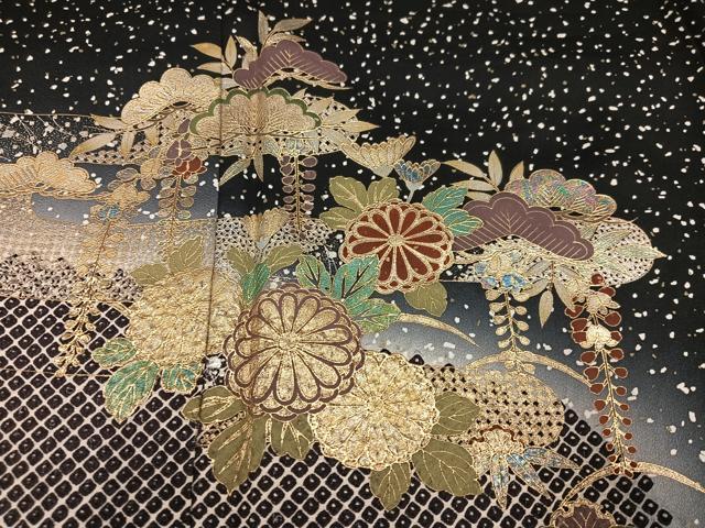 平和屋着物●訪問着 作家物 草花文 暈し染め 黒地 金彩 正絹 逸品 AABF5332ph