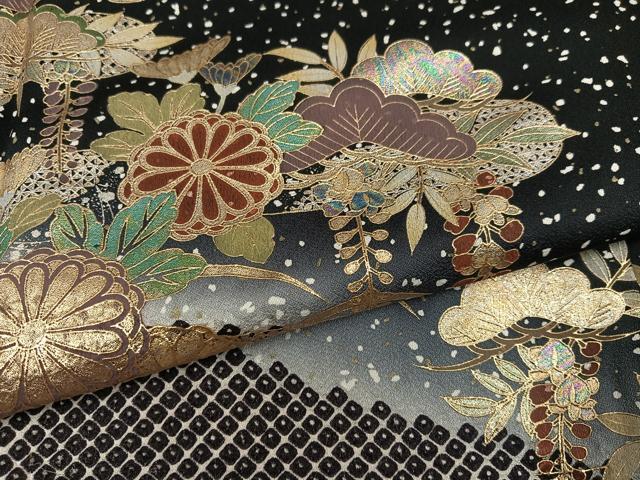 平和屋着物●訪問着 作家物 草花文 暈し染め 黒地 金彩 正絹 逸品 AABF5332ph