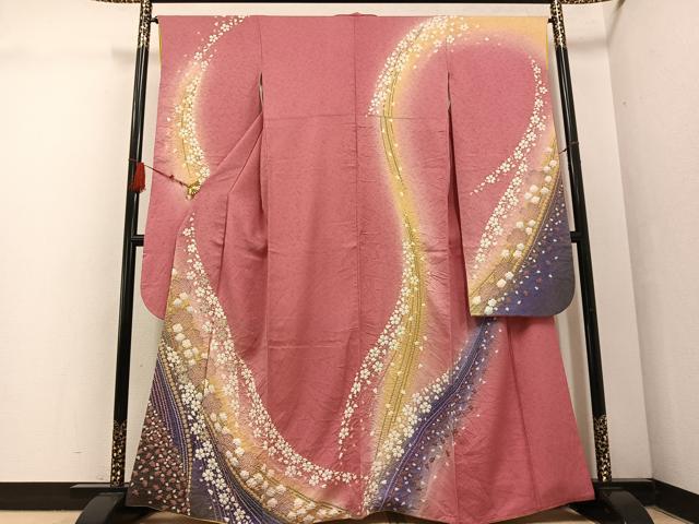 平和屋着物●豪華振袖 絞り 舞花文 暈し染め 金通し地 鈴乃屋扱い 正絹 逸品 AABF5340ph