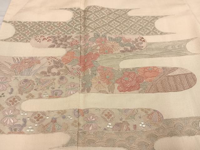平和屋着物●訪問着 紬地 中国三大刺繍 汕頭刺繍 スワトウ刺繍 エ霞草花宝尽くし 正絹 逸品 AABF5341ph