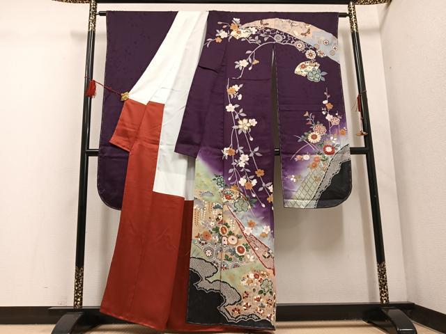 平和屋着物●豪華振袖 駒刺繍 地紙草花文 暈し染め 金彩 正絹 逸品 未使用 AABF5353ph