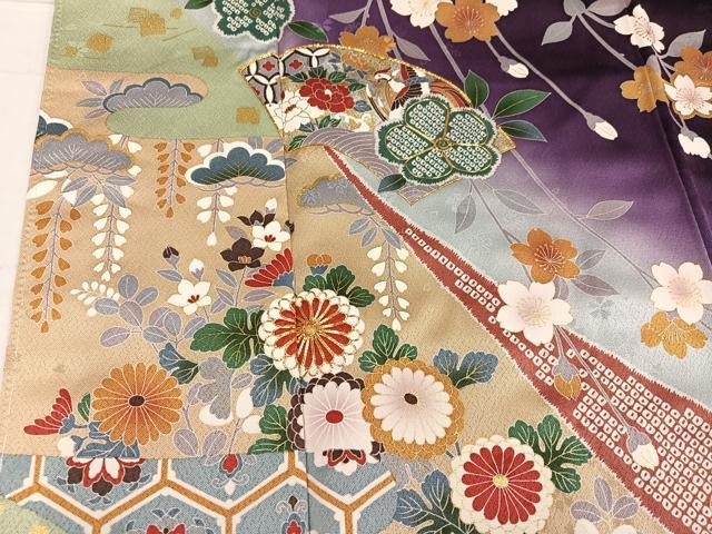平和屋着物●豪華振袖 駒刺繍 地紙草花文 暈し染め 金彩 正絹 逸品 未使用 AABF5353ph