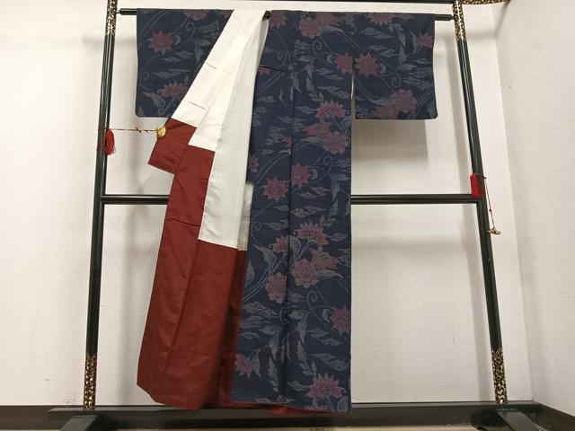 平和屋着物●結城ちぢみ 更紗花文 正絹 逸品 AABF5361ph