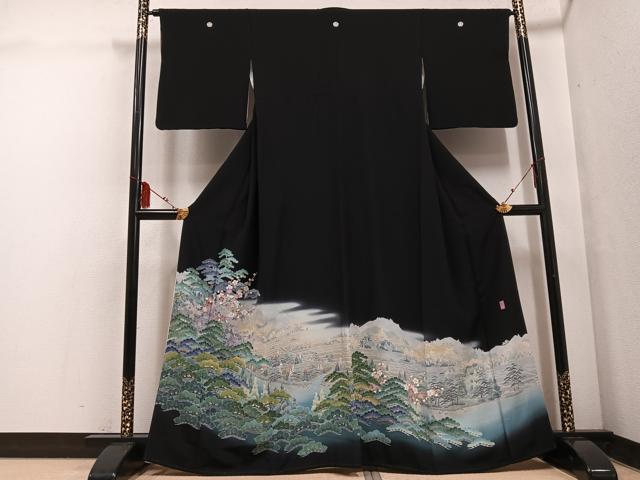 平和屋着物●十日町友禅作家 阿部佳雪 黒留袖 風景草花文 千曲川 暈し染め 正絹 逸品 AABF5377ph