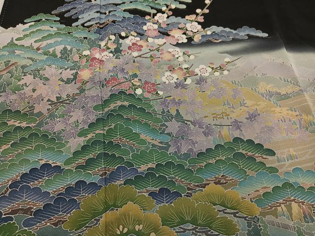 平和屋着物●十日町友禅作家 阿部佳雪 黒留袖 風景草花文 千曲川 暈し染め 正絹 逸品 AABF5377ph