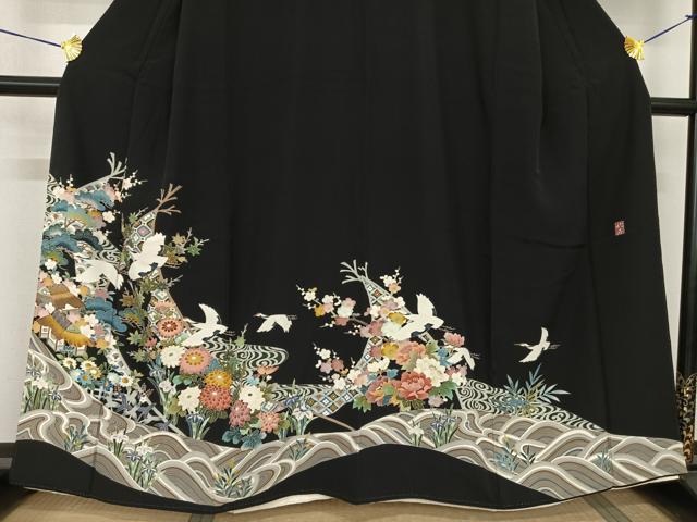 平和屋着物●豪華黒留袖 友禅 作家物 花鳥文 正絹 逸品 AABF5440fy