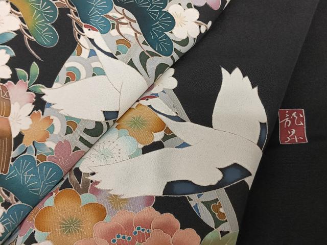 平和屋着物●豪華黒留袖 友禅 作家物 花鳥文 正絹 逸品 AABF5440fy