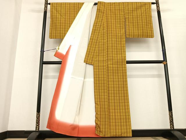 平和屋着物●本場黄八丈 平織 紬 道行コートセット 格子 正絹 逸品 未使用 AABF5460fy