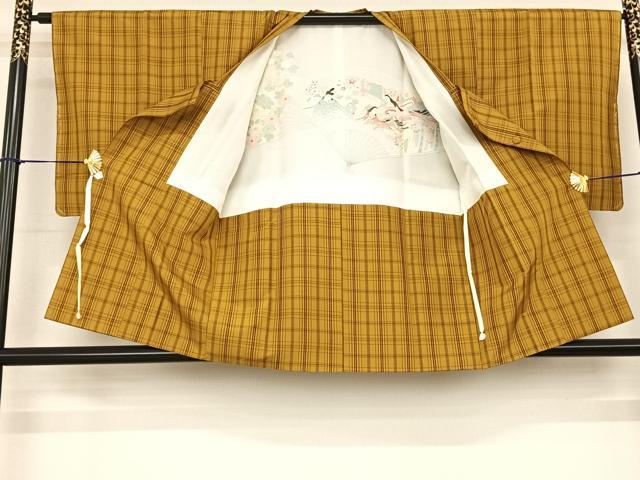 平和屋着物●本場黄八丈 平織 紬 道行コートセット 格子 正絹 逸品 未使用 AABF5460fy
