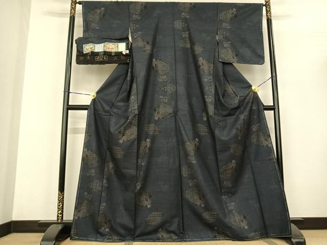 平和屋着物●本場大島紬 カタス7マルキ 泥染め 切嵌吉祥文 馬張子 証紙付き 正絹 逸品 AABF5483fy