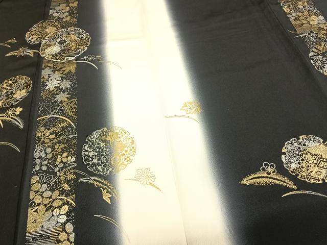 平和屋着物●訪問着 駒刺繍 雪輪花文 暈し染め 黒地 金銀彩 正絹 逸品 AABF5520fy