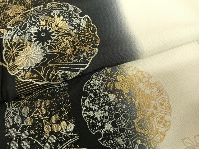 平和屋着物●訪問着 駒刺繍 雪輪花文 暈し染め 黒地 金銀彩 正絹 逸品 AABF5520fy