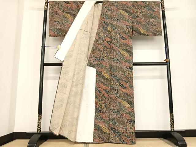 平和屋着物▽上質な紬 単衣 切嵌花文 正絹 逸品 AABF5575fy