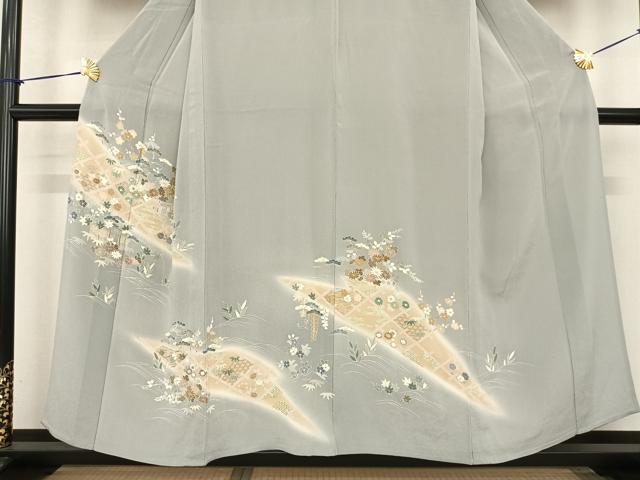 平和屋着物▽訪問着 単衣 刺繍 風景花文 暈し染め 金彩 鬼しぼ縮緬 古代ちりめん 小田急百貨店扱い 反端付き 正絹 逸品 AABF5581fy