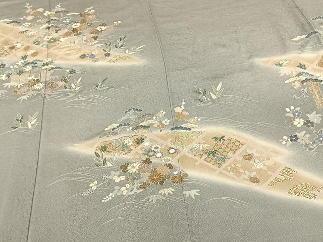 平和屋着物▽訪問着 単衣 刺繍 風景花文 暈し染め 金彩 鬼しぼ縮緬 古代ちりめん 小田急百貨店扱い 反端付き 正絹 逸品 AABF5581fy