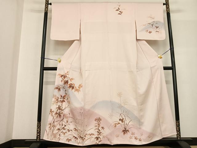 平和屋着物▽訪問着 単衣 友禅 手描き 刺繍 草葉文 暈し染め 正絹 逸品 AABF5607fy
