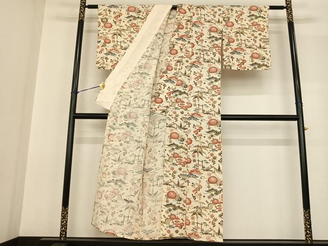 平和屋着物▽上質な小紋 単衣 型染め 扇面花文 正絹 逸品 AABF5621fy